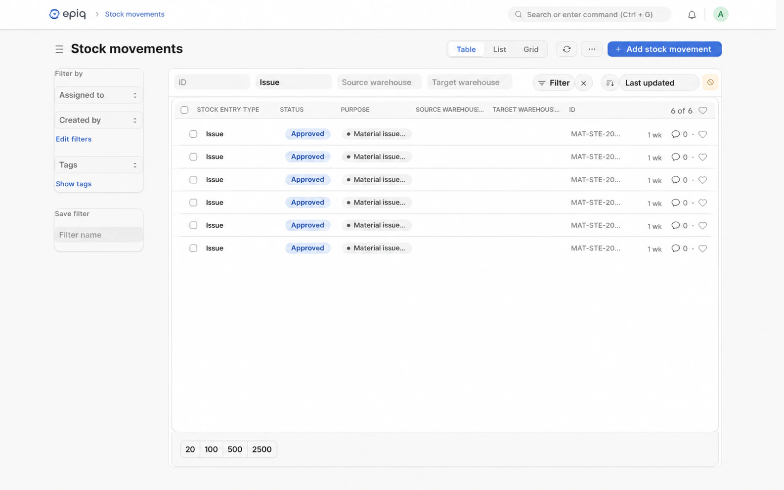 Epiq stock movement journal, shown with an issue filter and document statuses.