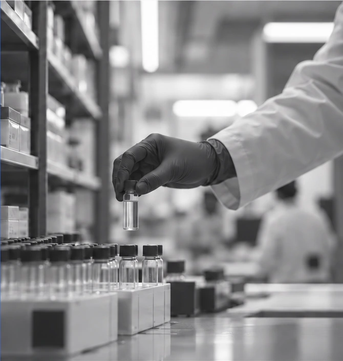 A laboratory specialist selecting a sample from a rack of vials.